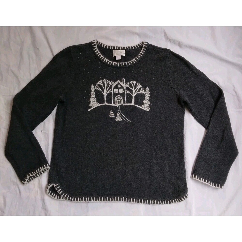 Vintage Christopher & Banks Hand Embroidered Winter House Scene Gray Size L